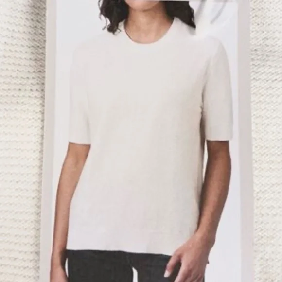 Kersh Women Sweater knit Cream Ivory Ribbed Cotton Silk Short Sleeve Size XL